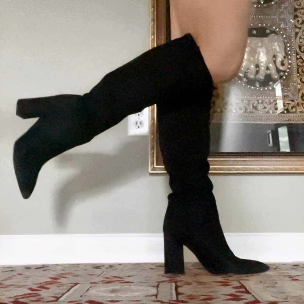 black suede knee high heeled boots